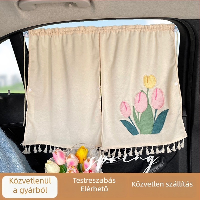 Autóablakra szánt napvédő roló szívócsésével rögzítéssel, poliészter anyag, virágos pasztorális minta, hőszigetelés és privát szféra