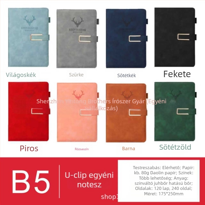 Jegyzetfüzet műbőr borítóval, U csattal, Dowling papír 80 g, 200-300 oldal