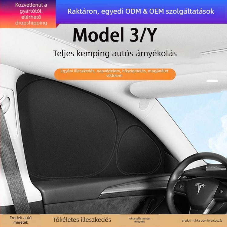 Tesla Model Y és Model 3 oldalsó ablakokra szánt privát napvédő árnyékoló — Oxford anyag, snap-in rögzítés, logó nyomtatás elérhető