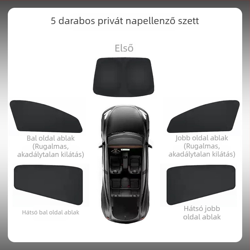 Tesla Model Y és Model 3 oldalsó ablakokra szánt privát napvédő árnyékoló — Oxford anyag, snap-in rögzítés, logó nyomtatás elérhető