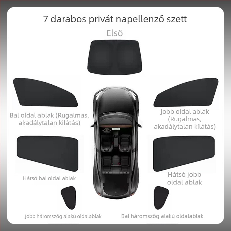 Tesla Model Y és Model 3 oldalsó ablakokra szánt privát napvédő árnyékoló — Oxford anyag, snap-in rögzítés, logó nyomtatás elérhető