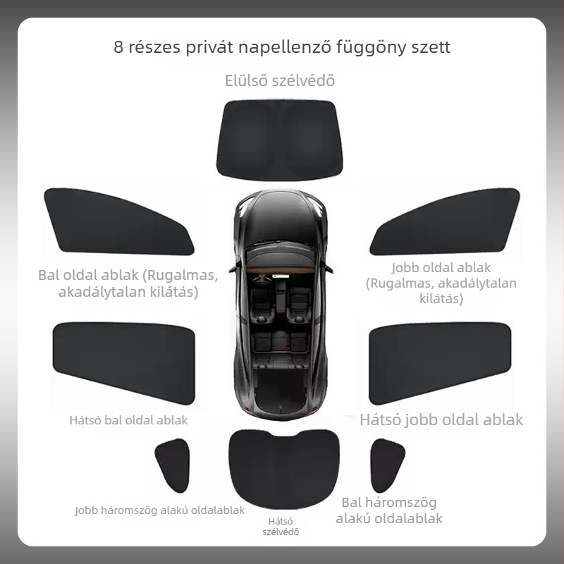 Tesla Model Y és Model 3 oldalsó ablakokra szánt privát napvédő árnyékoló — Oxford anyag, snap-in rögzítés, logó nyomtatás elérhető