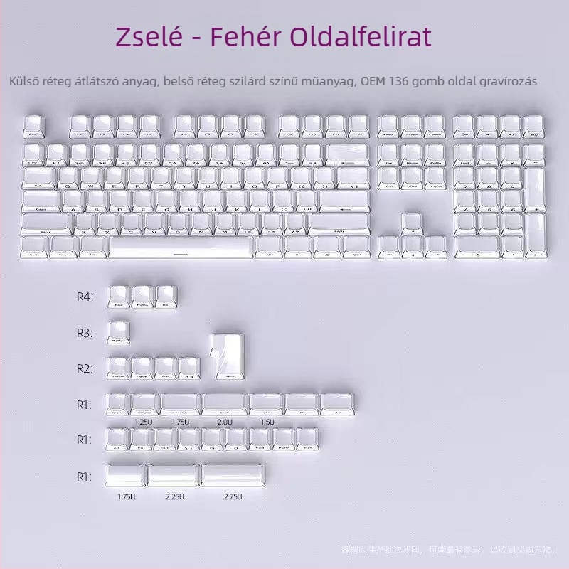 Crystal Jelly oldalsó gravírozott billentyűsapkák készlet, ABS anyag, 136 billentyű, univerzális kompatibilitás, egyéves garancia