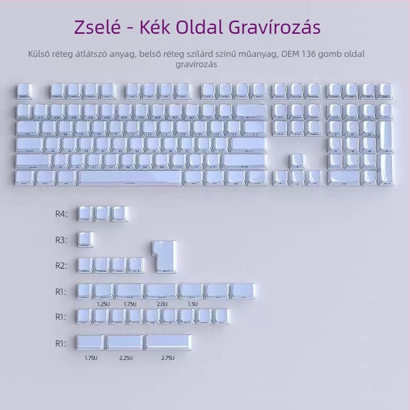 Crystal Jelly oldalsó gravírozott billentyűsapkák készlet, ABS anyag, 136 billentyű, univerzális kompatibilitás, egyéves garancia