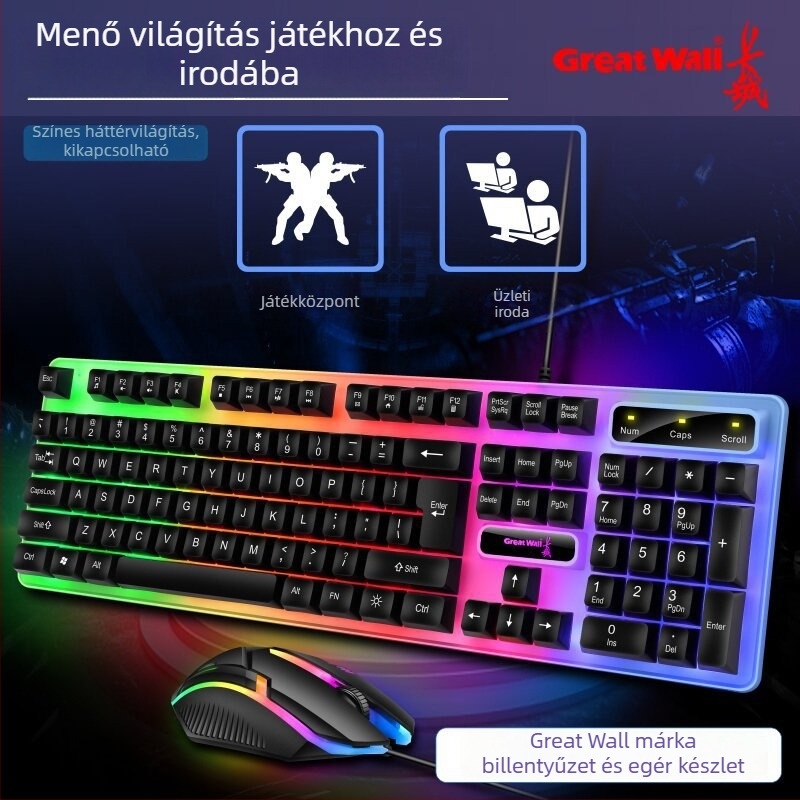 KM100 billentyűzet–egér készlet, csendes, háttérvilágításos billentyűzettel, irodai és játék célokra; USB vezetékes kapcsolattal; 1000 DPI optikai egér; anti-ghosting; 1,3 m kábel