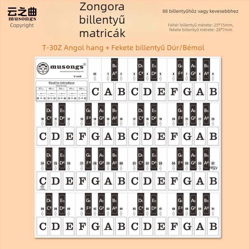 Zongorához illő matricás készlet: fekete és fehér billentyű matricái, skála matricák, modell T-30Z, angol betűk, 886149
