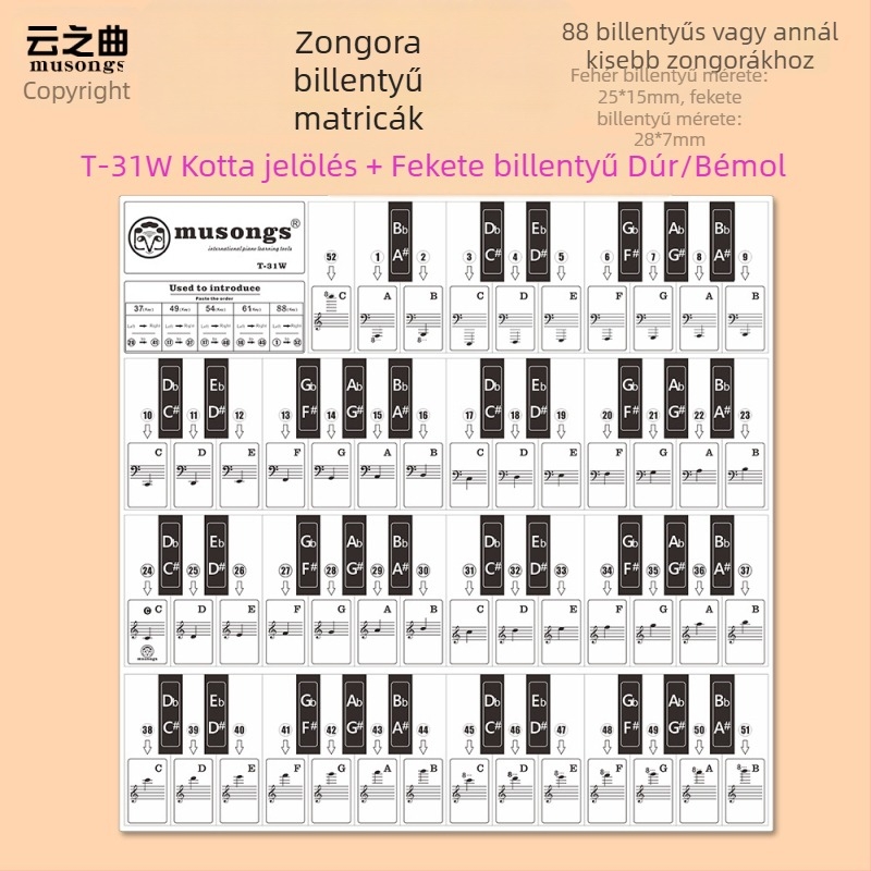 Zongorához illő matricás készlet: fekete és fehér billentyű matricái, skála matricák, modell T-30Z, angol betűk, 886149