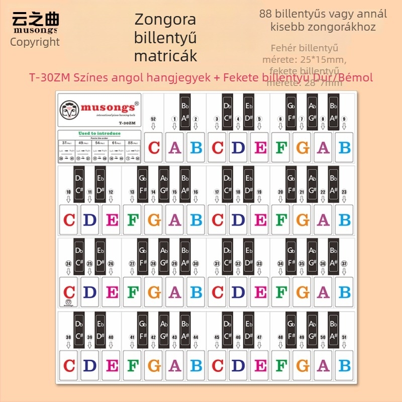 Zongorához illő matricás készlet: fekete és fehér billentyű matricái, skála matricák, modell T-30Z, angol betűk, 886149