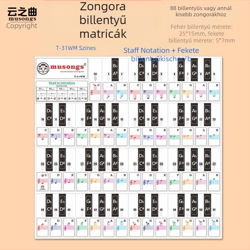 Zongorához illő matricás készlet: fekete és fehér billentyű matricái, skála matricák, modell T-30Z, angol betűk, 886149