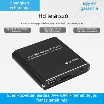 Mini 1080p Full HD multimédiás lejátszó USB HDD-vel és SD/MMC kártya támogatással — HDMI kimenet, 1920x1080 felbontás, processzor F10, 128MB memória, videóformátumok MPEG/RMVB/MP4/MKV; hangformátumok MP3/WMA/FLAC