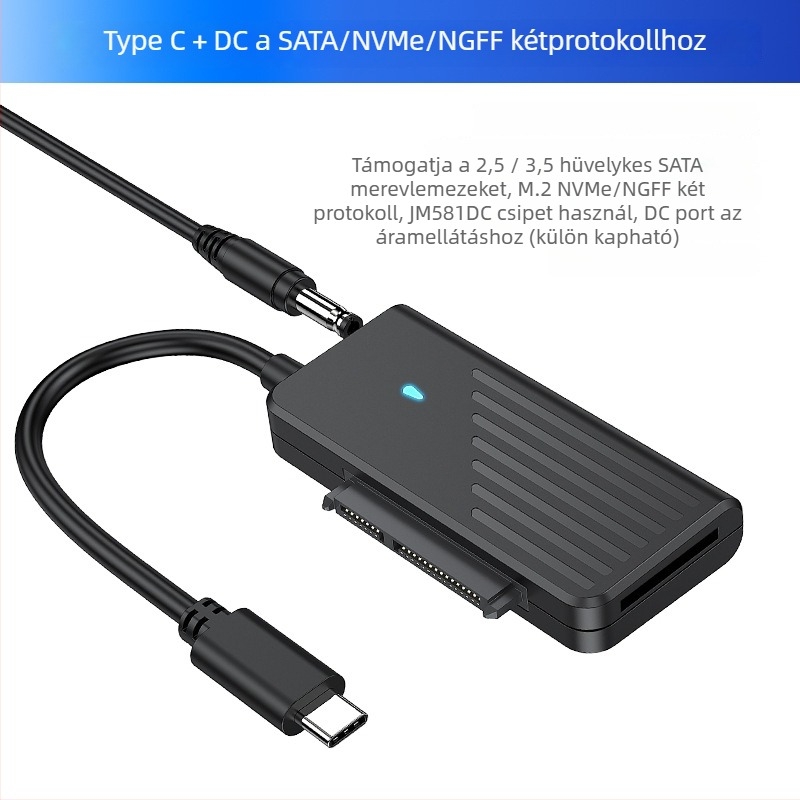 USB-C–ról SATA adapter kábel SATA meghajtókhoz, NVMe kettős protokoll (5 Gbps, JM581DC, 25–45 cm)