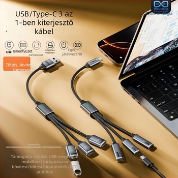 USB-C 3-poros adatmegosztó kábel OTG és U-Disk támogatással, USB 2.0, 480 Mbps, rézmag