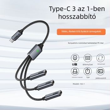 USB-C 3-poros adatmegosztó kábel OTG és U-Disk támogatással, USB 2.0, 480 Mbps, rézmag