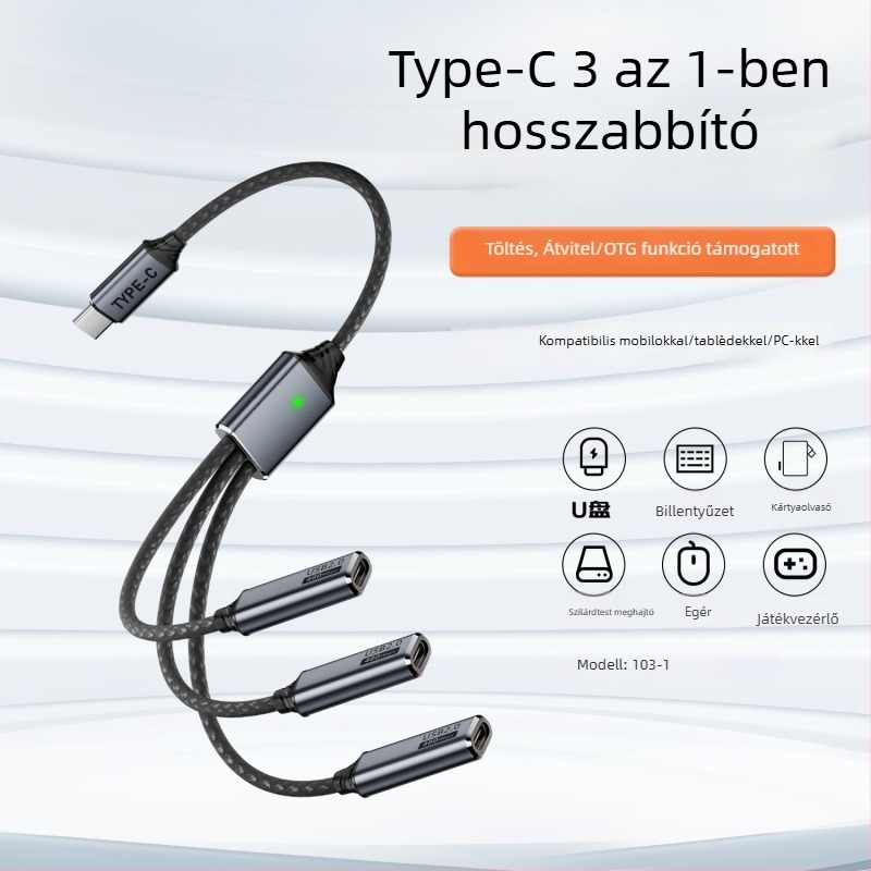 USB-C 3-poros adatmegosztó kábel OTG és U-Disk támogatással, USB 2.0, 480 Mbps, rézmag
