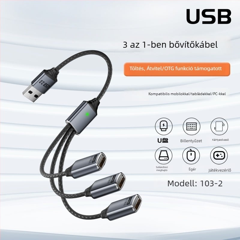 USB-C 3-poros adatmegosztó kábel OTG és U-Disk támogatással, USB 2.0, 480 Mbps, rézmag