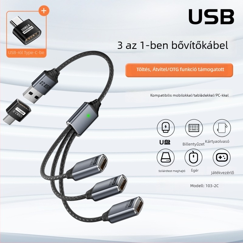 USB-C 3-poros adatmegosztó kábel OTG és U-Disk támogatással, USB 2.0, 480 Mbps, rézmag
