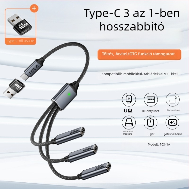 USB-C 3-poros adatmegosztó kábel OTG és U-Disk támogatással, USB 2.0, 480 Mbps, rézmag