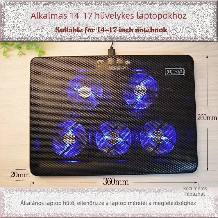 Laptop hűtő radiátor V5, 5 ventilátor, fém háló, 0,6 kg, kompatibil notebookokkal/ ultrabookokkal/ PlayBook
