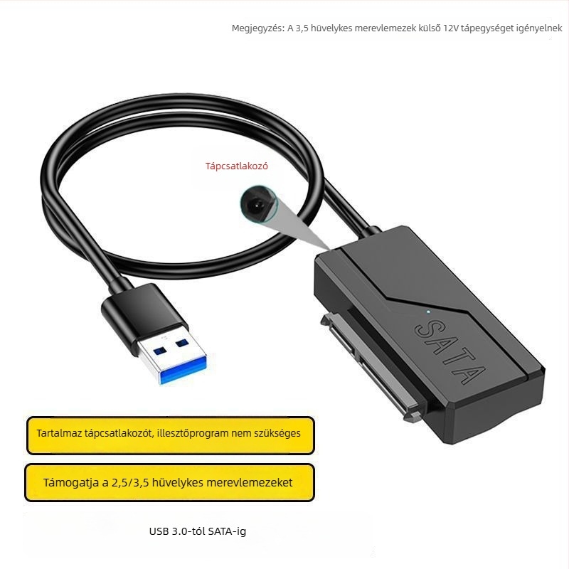 USB-SATA adapter kábel, JMS578 vezérlő, 50 cm hosszú, SATA interfész, 480 Mbps