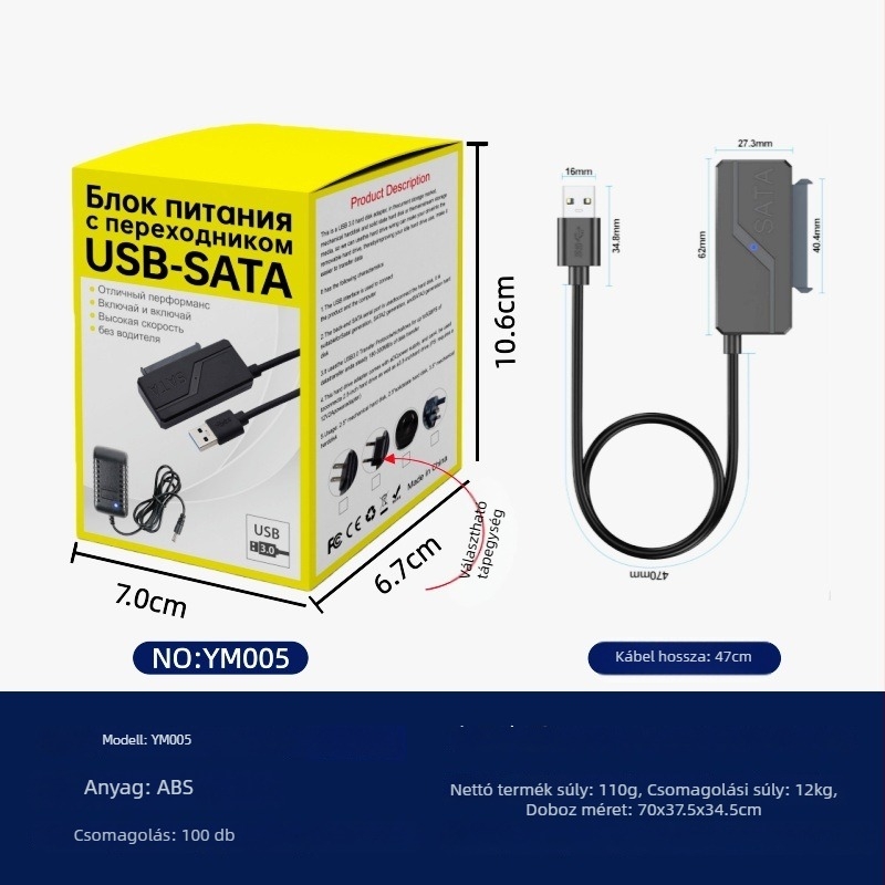 USB-SATA adapter kábel, JMS578 vezérlő, 50 cm hosszú, SATA interfész, 480 Mbps