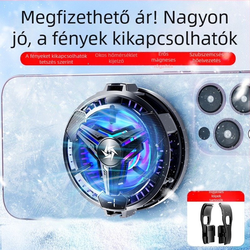 Mobiltelefon hűtő radiátor mágneses RGB világítással, csendes működés és hőmérséklet kijelző (Metal+ABS)