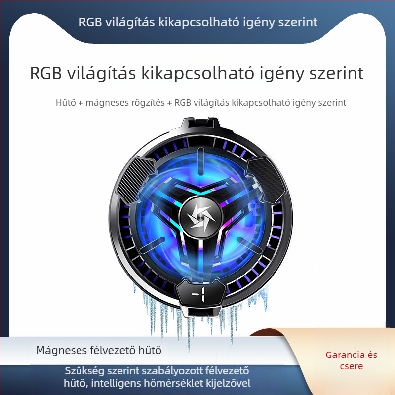 Mobiltelefon hűtő radiátor mágneses RGB világítással, csendes működés és hőmérséklet kijelző (Metal+ABS)