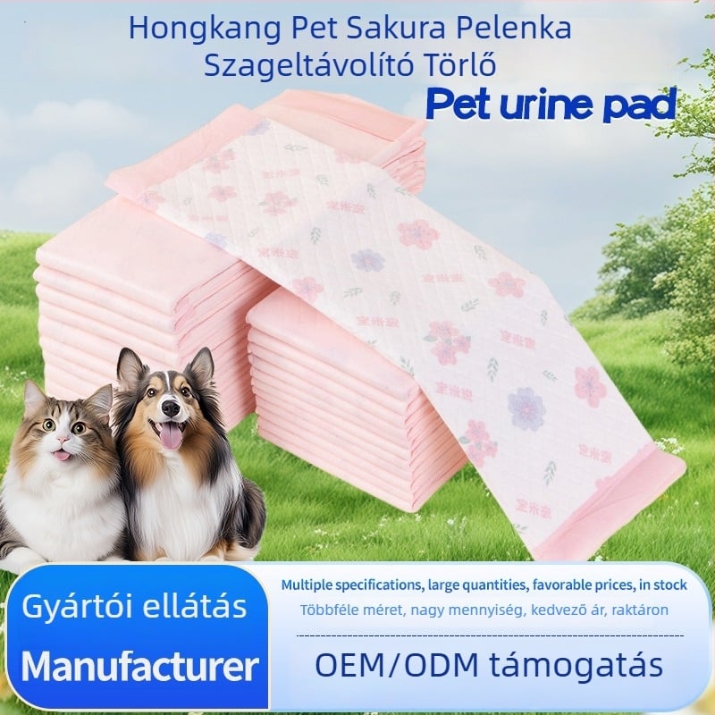 Egyszer használatos háziállat-ürülékalátét Sakura – dezodoráló, nedvszívó, szivárgásmentes alsó PE filmmel (nem szőtt textília; puff rost; víz-szívó gyanta; PE alsó film; víz-szívó papír)