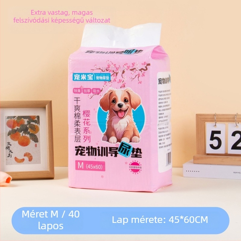 Egyszer használatos háziállat-ürülékalátét Sakura – dezodoráló, nedvszívó, szivárgásmentes alsó PE filmmel (nem szőtt textília; puff rost; víz-szívó gyanta; PE alsó film; víz-szívó papír)