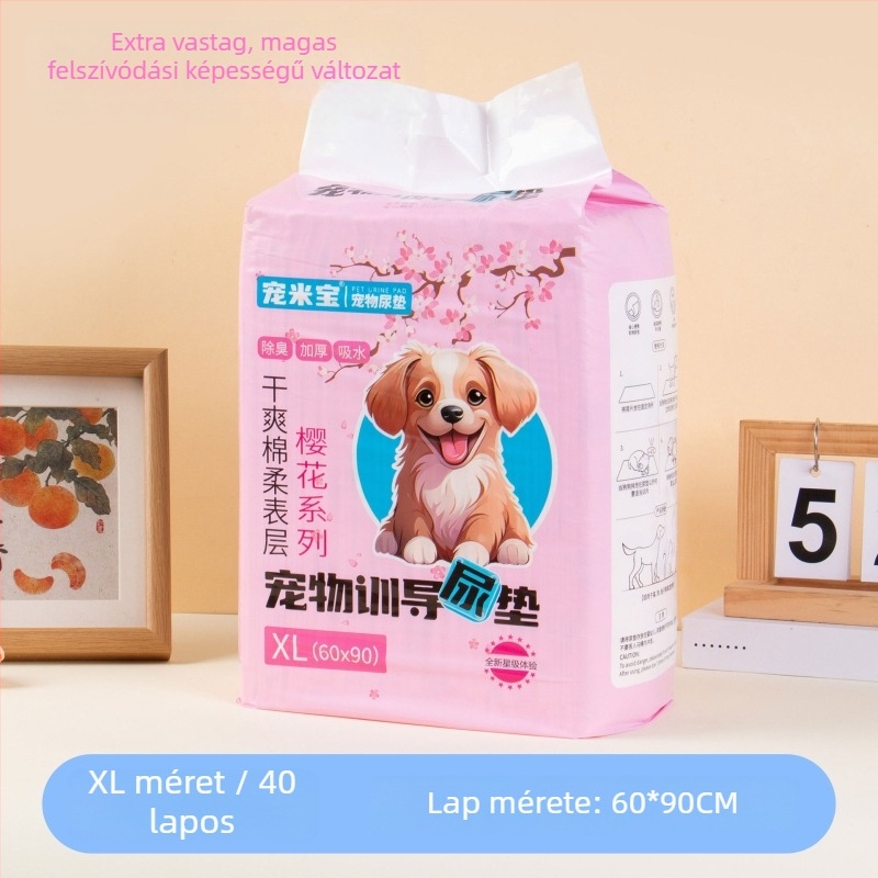 Egyszer használatos háziállat-ürülékalátét Sakura – dezodoráló, nedvszívó, szivárgásmentes alsó PE filmmel (nem szőtt textília; puff rost; víz-szívó gyanta; PE alsó film; víz-szívó papír)