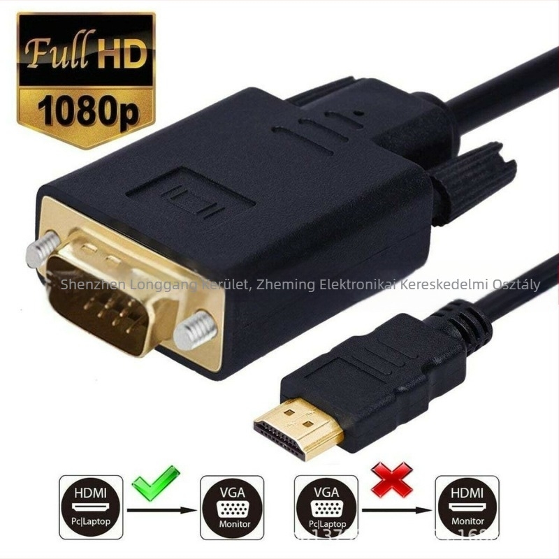 HDMI–VGA adapter kábel – kétirányú HDMI↔VGA konverzió, modell HDMI TO VGA, acélmag rézbevonatú