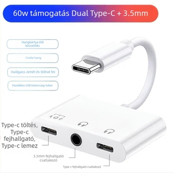 Duál Type-C 3-in-1 adapter 3,5 mm audio kimenettel és PD60W gyors töltéssel HWY-133