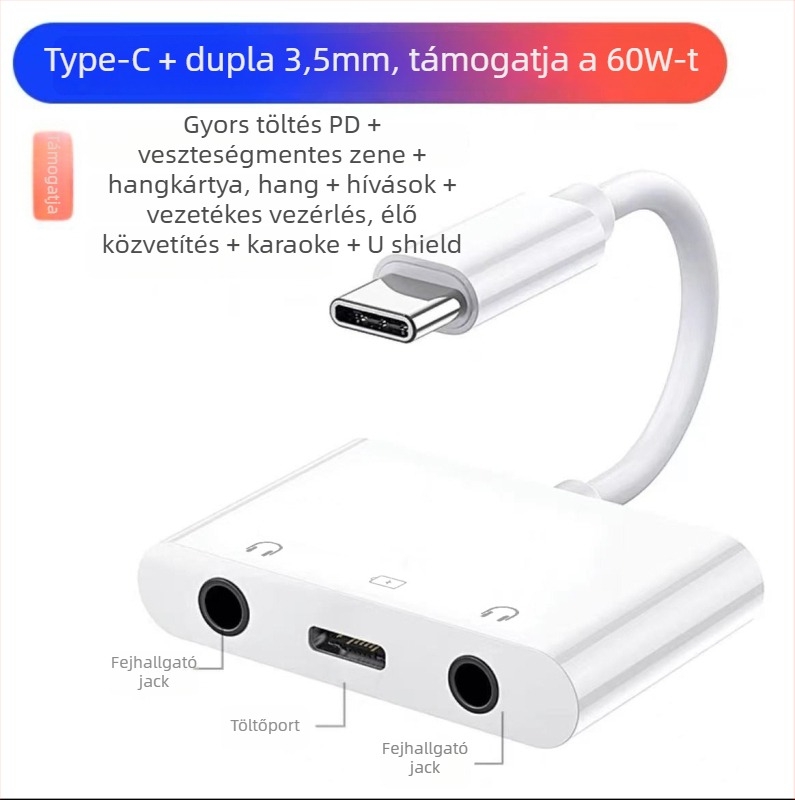 Duál Type-C 3-in-1 adapter 3,5 mm audio kimenettel és PD60W gyors töltéssel HWY-133