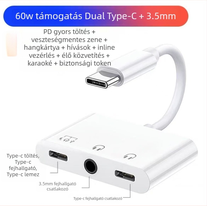 Duál Type-C 3-in-1 adapter 3,5 mm audio kimenettel és PD60W gyors töltéssel HWY-133