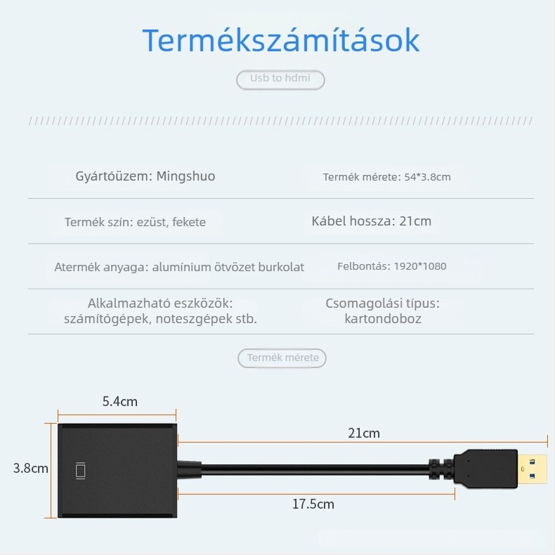 USB 3.0–HDMI átalakító adapterkábel, MS9122 chip, USB3.0 interfész, 26 cm hosszú, aranyozott
