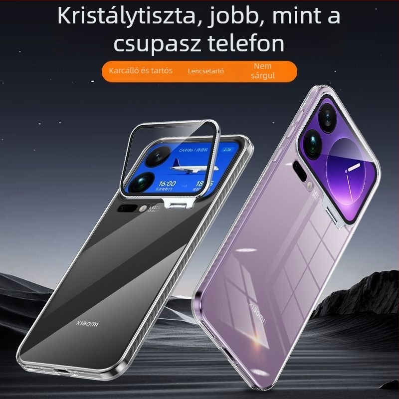 Xiaomi 17 Pro Max védőtok átlátszó jégkristályos objektívvel, beépített állvánnyal, ütésálló védelem