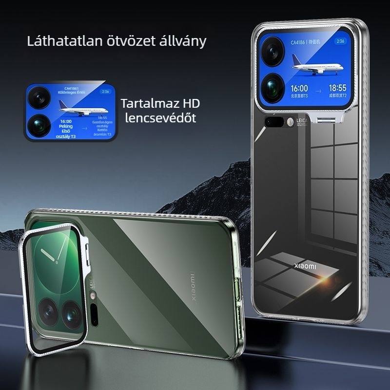 Xiaomi 17 Pro Max védőtok átlátszó jégkristályos objektívvel, beépített állvánnyal, ütésálló védelem