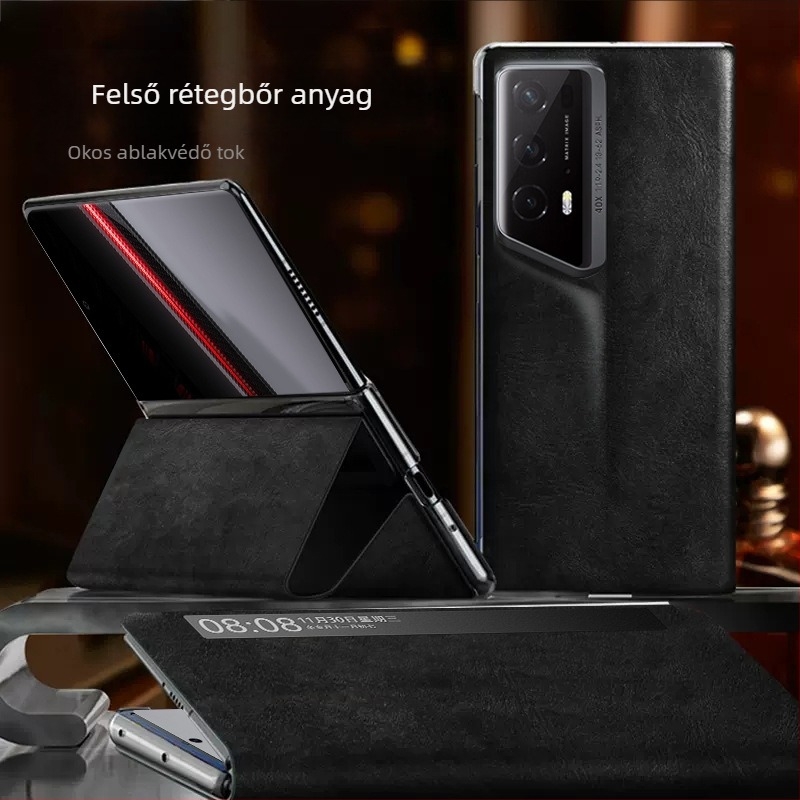 Bőr flip tok Honor MagicV2RSR-hez teljes lefedettséggel, VS2 hajtogatható kijelzővel és okos nézetablakkal