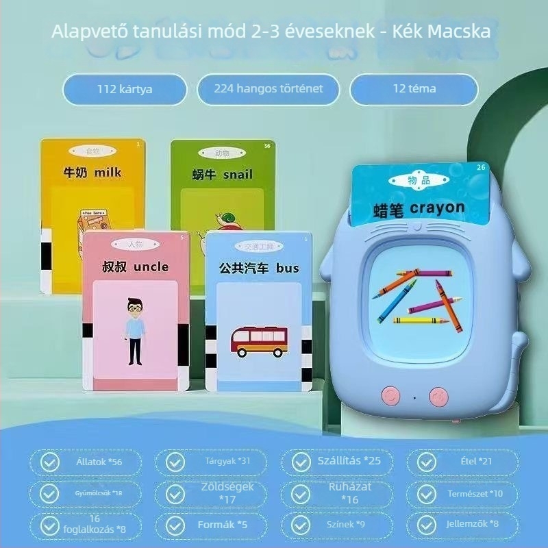 Macska témájú korai oktatási gép kártyahelyekkel — zene, ABS anyag, memóriamentes, lítium akkumulátoros működés, 4–6 éveseknek
