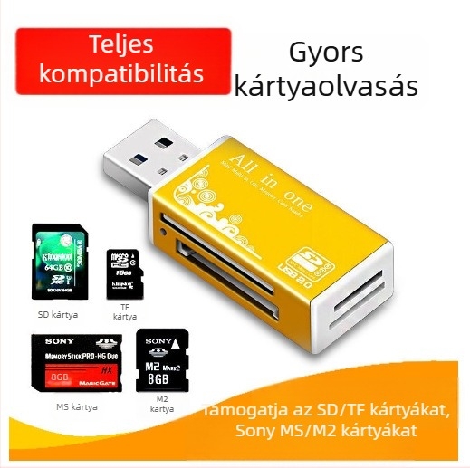 All-in-One USB kártyaolvasó USB 2.0-s, külső telepítés, támogatja CF/SD/TF/MicroSD/MMC
