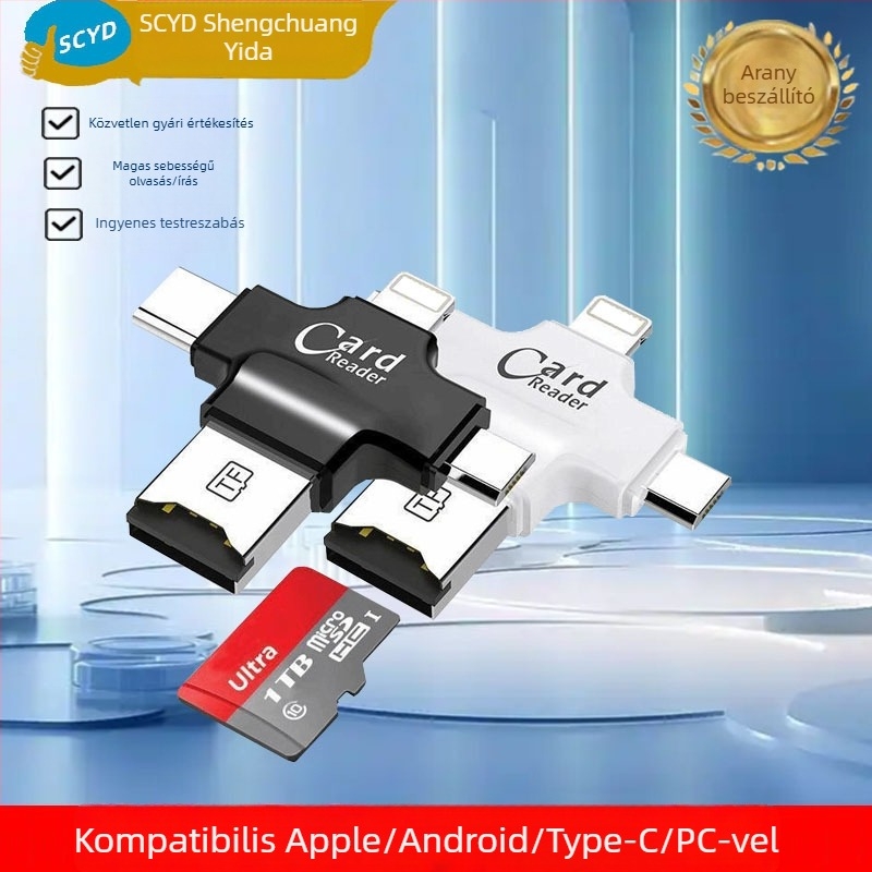 4 az 1-ben OTG kártyaolvasó mobiltelefonokra, USB 2.0, TF kártya-támogatás, műanyag, beépített kialakítás