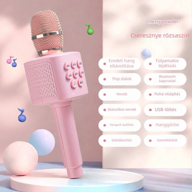 Vezeték nélküli Bluetooth gyerekeknek készült mikrofon rajzfilmszerű dizájnnal és beépített hangszóróval — karaoke játék, ABS anyag, 7–14 éveseknek