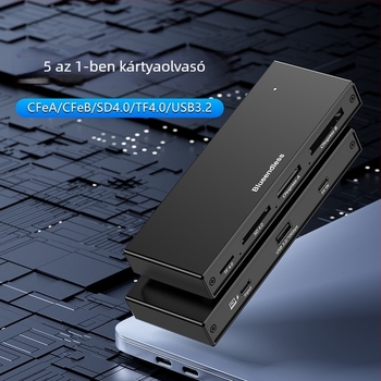 Ötportos USB 3.2 gyors memóriakártyaolvasó CF/SD/TF támogatással, USB-C/USB kettős csatlakozó, alumíniumötvözet ház, 5V tápegység