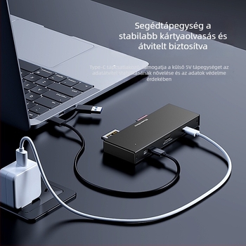 Ötportos USB 3.2 gyors memóriakártyaolvasó CF/SD/TF támogatással, USB-C/USB kettős csatlakozó, alumíniumötvözet ház, 5V tápegység