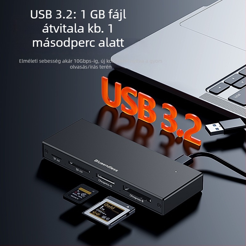 Ötportos USB 3.2 gyors memóriakártyaolvasó CF/SD/TF támogatással, USB-C/USB kettős csatlakozó, alumíniumötvözet ház, 5V tápegység