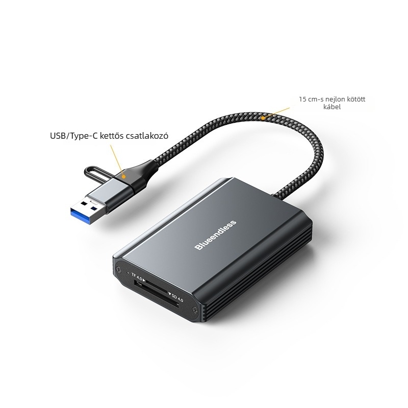 Ötportos USB 3.2 gyors memóriakártyaolvasó CF/SD/TF támogatással, USB-C/USB kettős csatlakozó, alumíniumötvözet ház, 5V tápegység