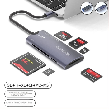 USB 2.0 kártyaolvasó, hat egyben, alumíniumötvözet testtel; támogatja MS, CF, SD, MicroSD (M2), TF és XD