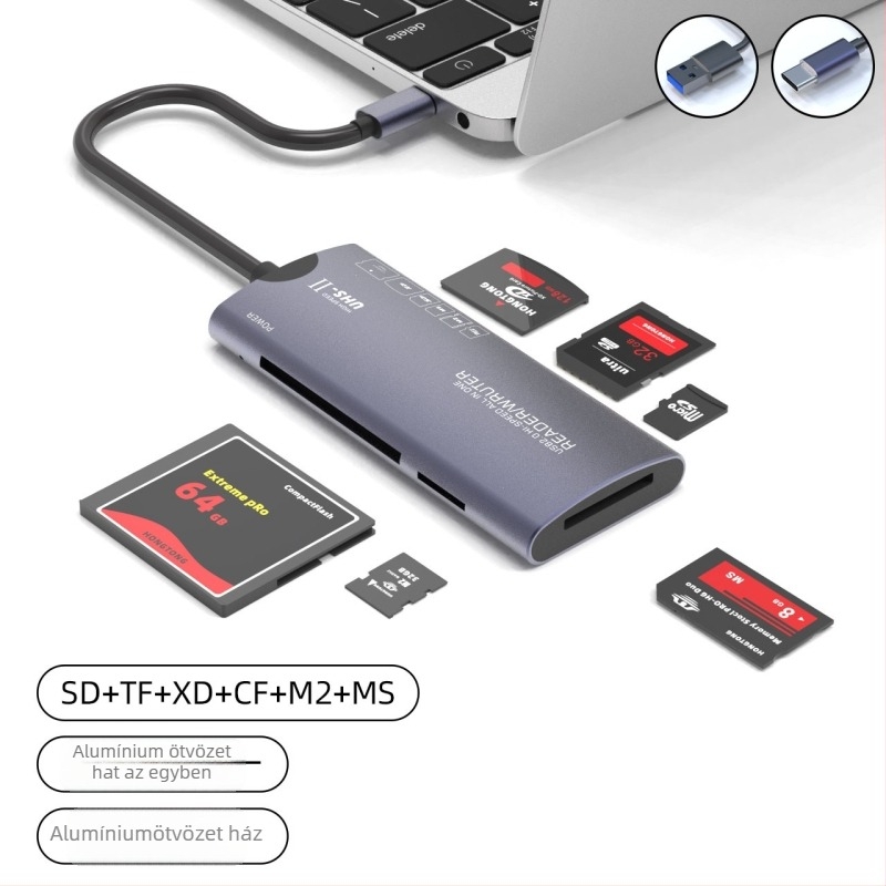 USB 2.0 kártyaolvasó, hat egyben, alumíniumötvözet testtel; támogatja MS, CF, SD, MicroSD (M2), TF és XD