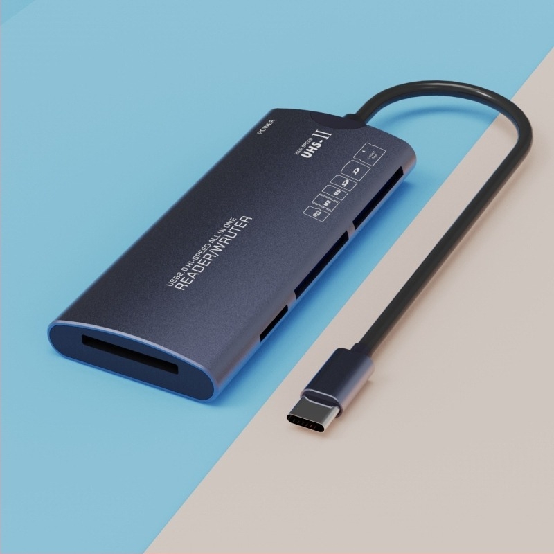 USB 2.0 kártyaolvasó, hat egyben, alumíniumötvözet testtel; támogatja MS, CF, SD, MicroSD (M2), TF és XD