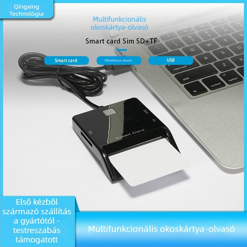 USB okos-kártya olvasó SIM/SD chip-támogatással; külső telepítés; több operációs rendszerrel kompatibilis; OEM és logó nyomtatás elérhető