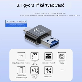 TF kártyaolvasó USB 3.1, Type-C és USB, 2-in-1, fém ház